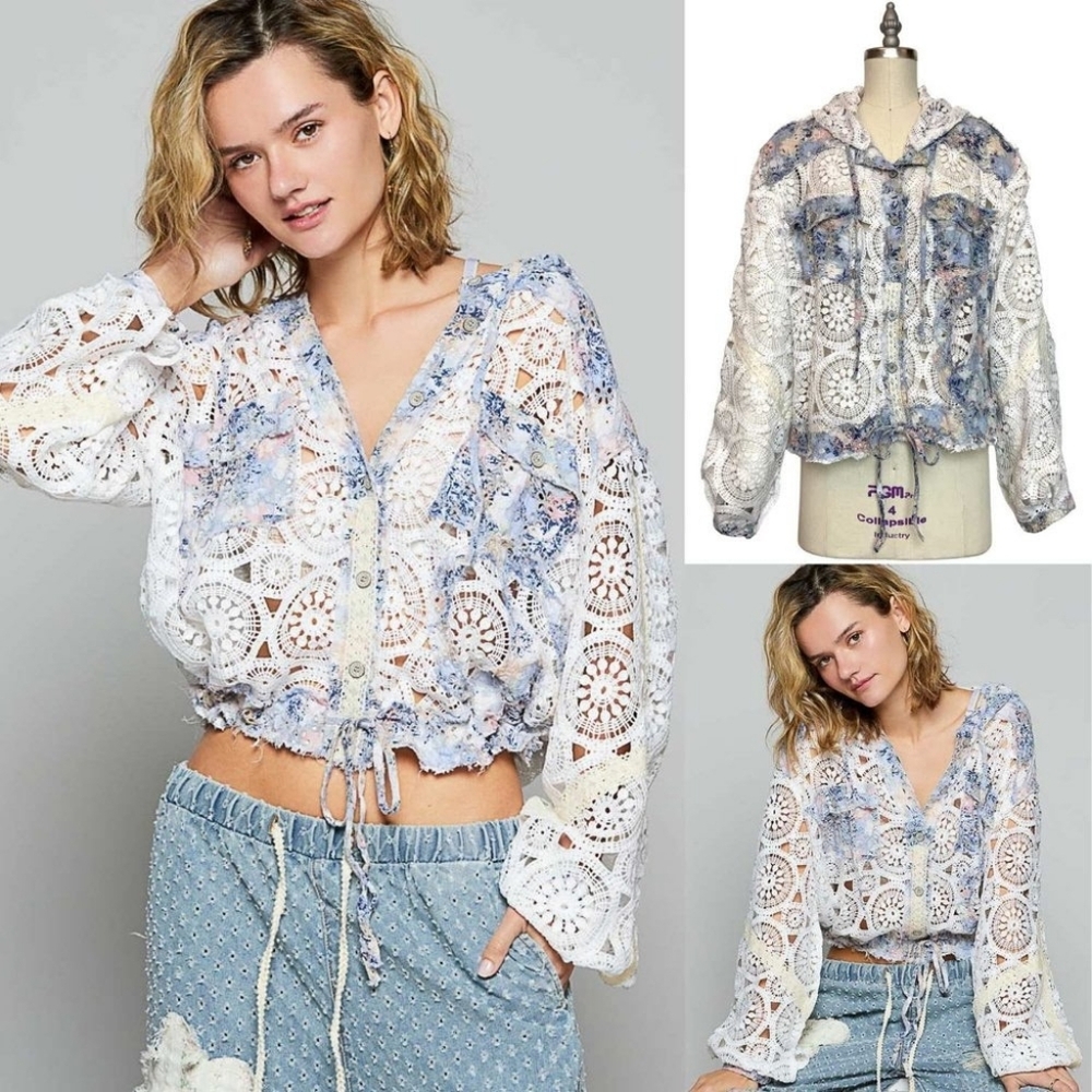 POL Floral Lace Jean Jacket in Blue and White